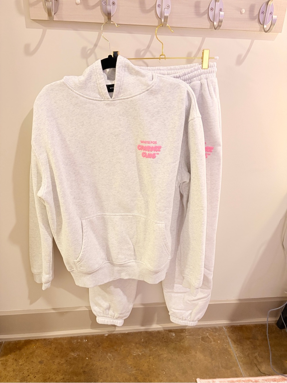 White Fox Boutique Light Heather Gray Hoodie & Jogger Pajama Set with Pink Logo